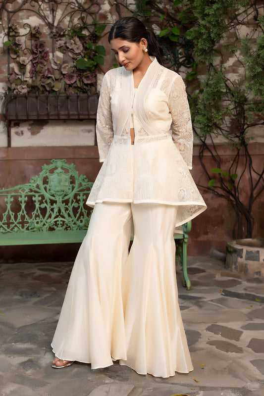 Off-White Fusion Wear 3-Piece Set with Embellished Coat and Bustier