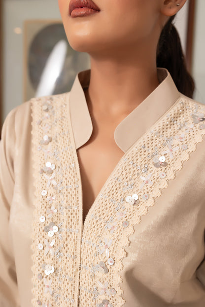 Beige Designer Fusion Wear Set with Embellished Macramé Work