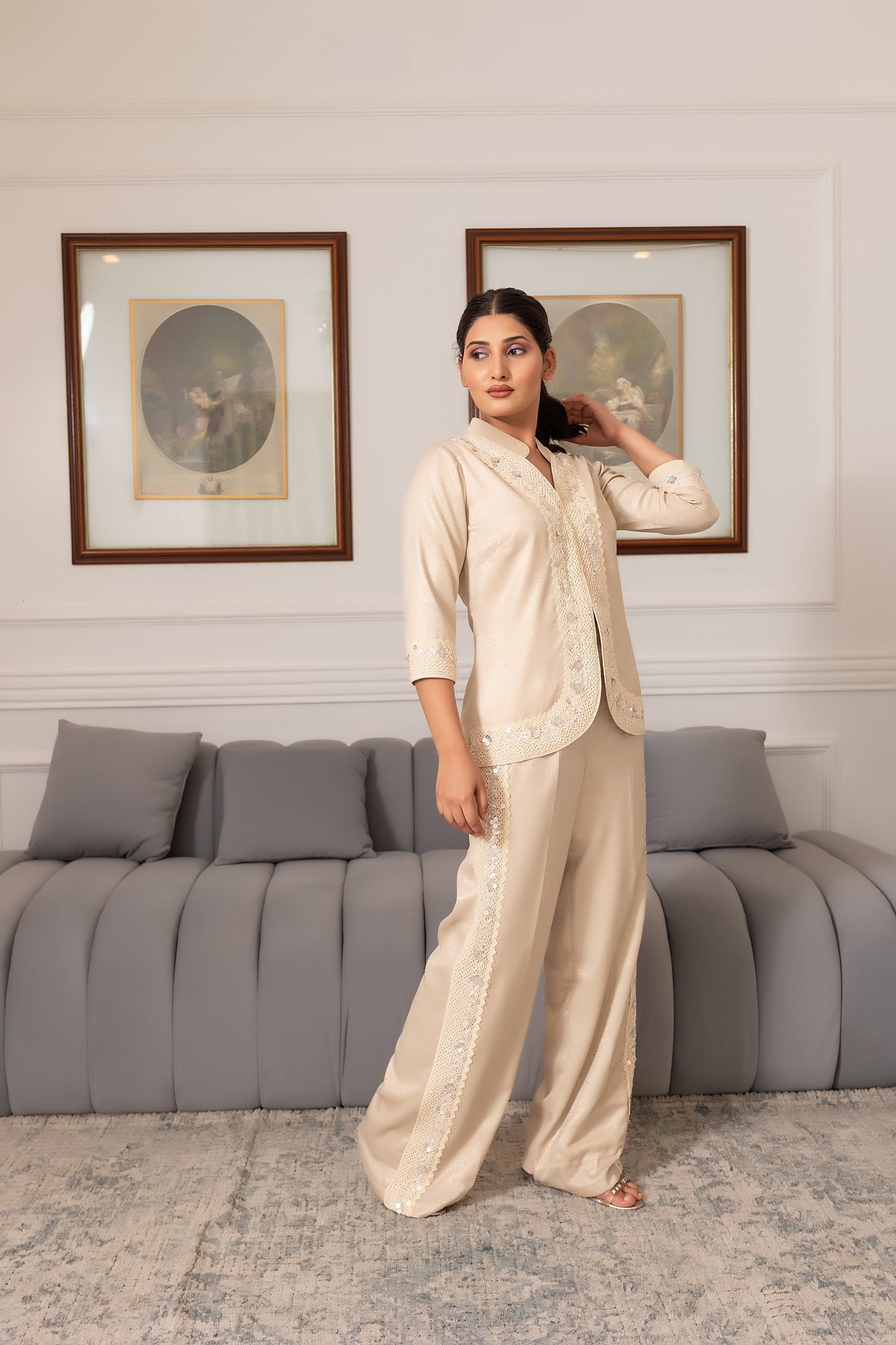 Beige Designer Fusion Wear Set with Embellished Macramé Work