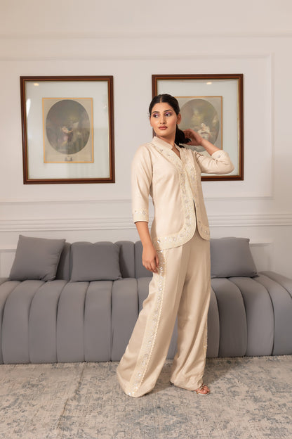 Beige Designer Fusion Wear Set with Embellished Macramé Work