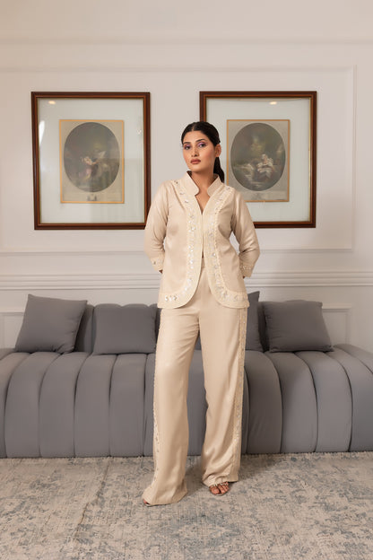 Beige Designer Fusion Wear Set with Embellished Macramé Work