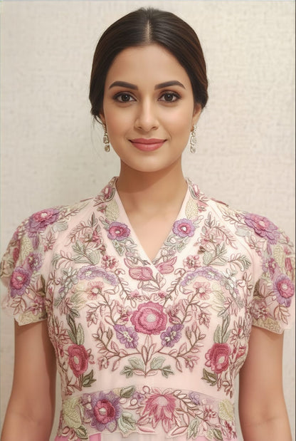 Festive Wear Pink Anarkali Suit With Organza Yoke Embossed Flowers And Sequins