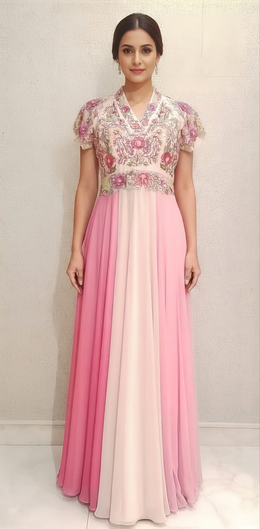 Festive Wear Pink Anarkali Suit With Organza Yoke Embossed Flowers And Sequins