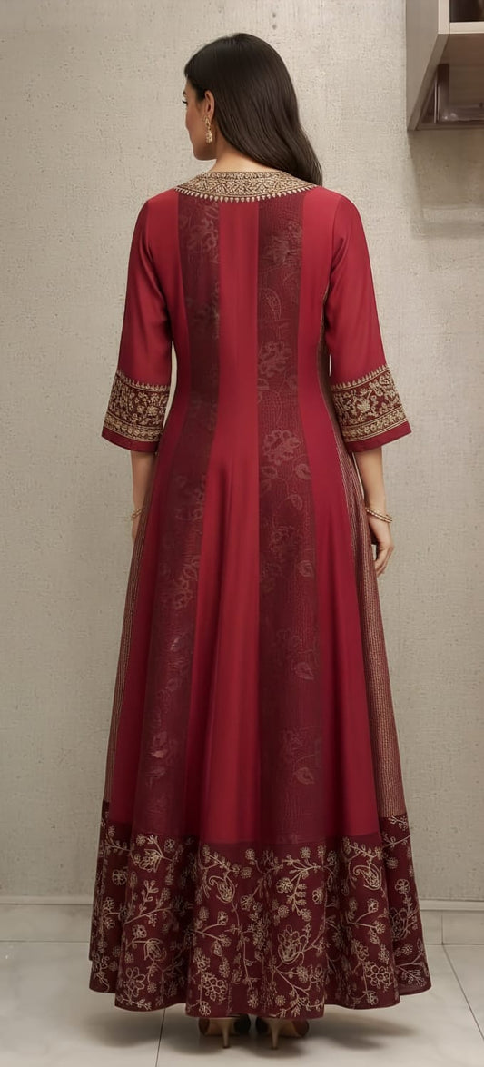 Red And Wine Anarkali Dress with Zardozi Embroidery