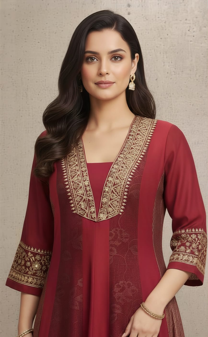 Red And Wine Anarkali Dress with Zardozi Embroidery