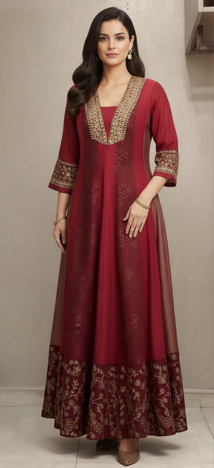 Red And Wine Anarkali Dress with Zardozi Embroidery