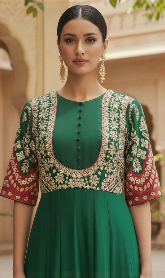 Luxury Emerald Green Anarkali Dress with Gotta Patti Work