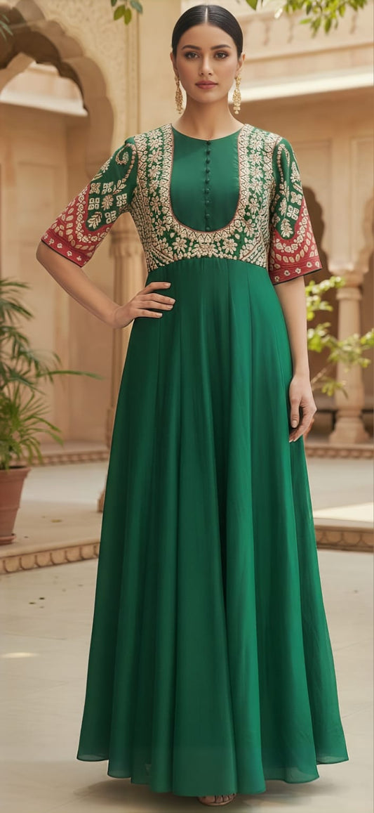 Luxury Emerald Green Anarkali Dress with Gotta Patti Work