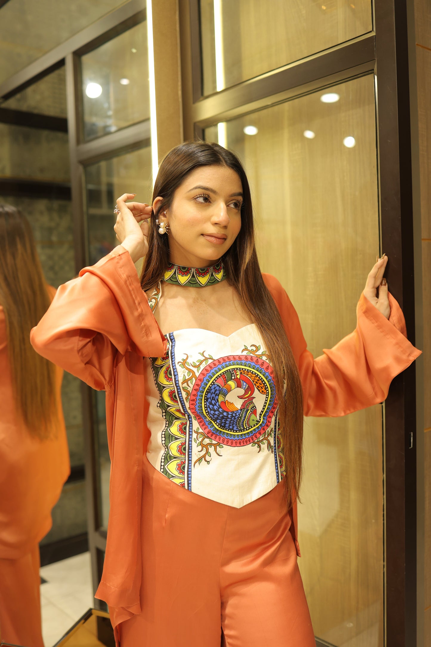 Orange Madhubani Print Modal Satin Fusion Co-Ord Set
