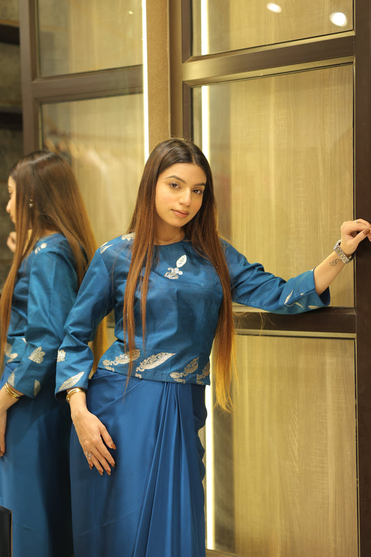 Teal Blue Brocade and Crepe Draped Fusion Outfit