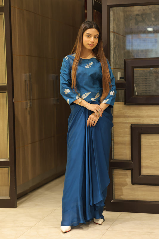 Teal Blue Brocade and Crepe Draped Fusion Outfit