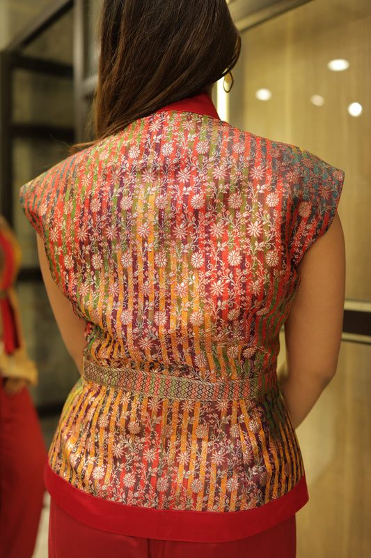 Traditional Red Brocade Peplum Co-Ord Set