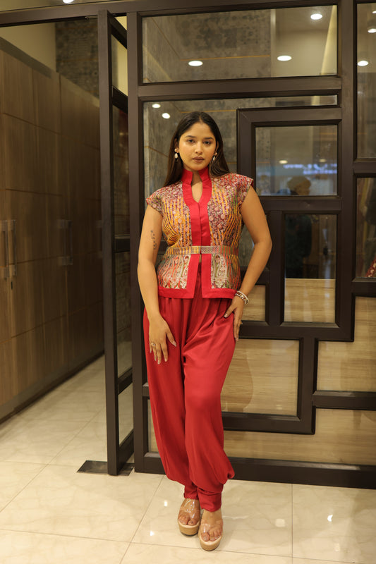 Traditional Red Brocade Peplum Co-Ord Set