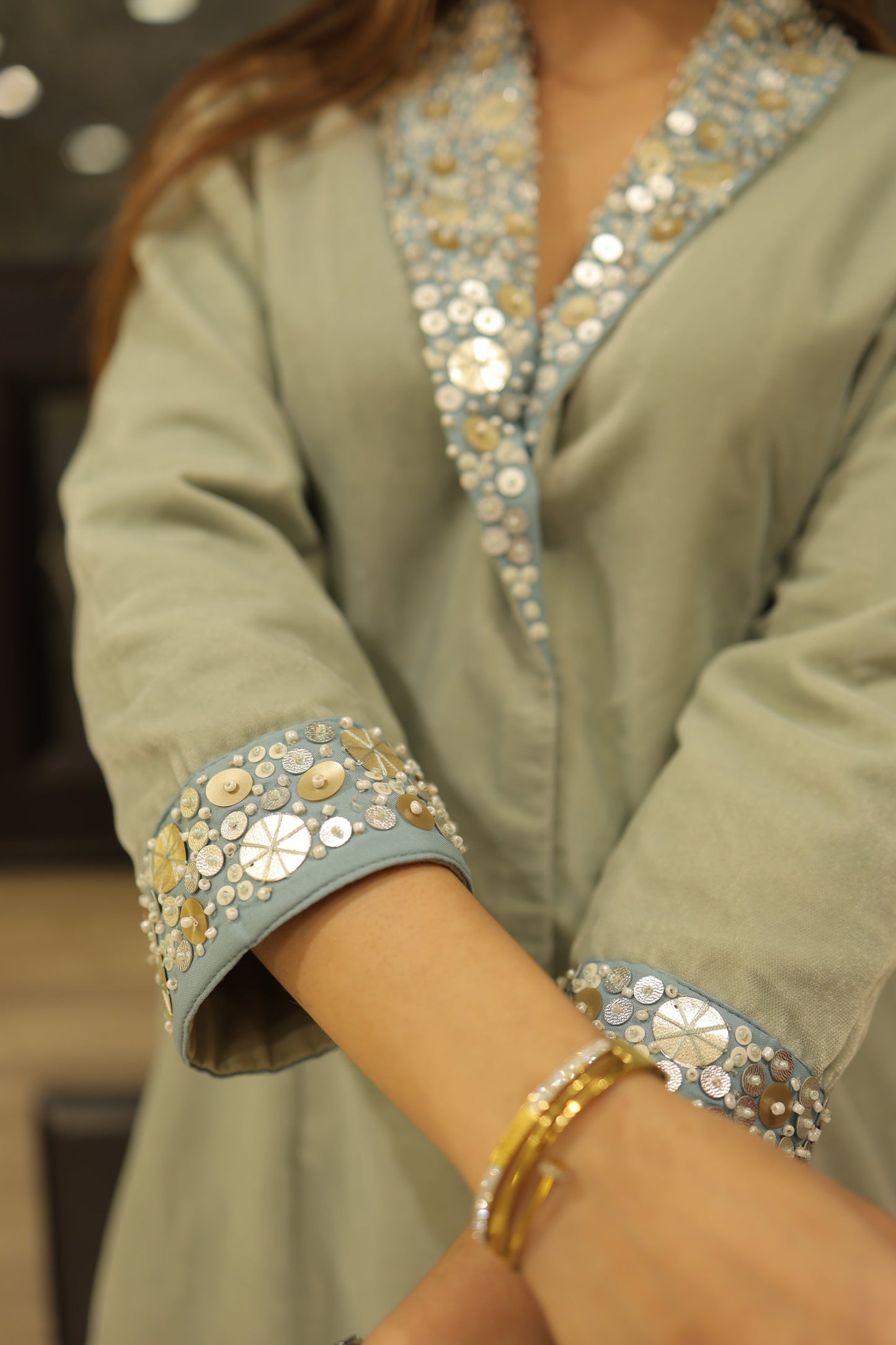 Pastel Green Co-Ord Set with Sequin Embellished Neckline