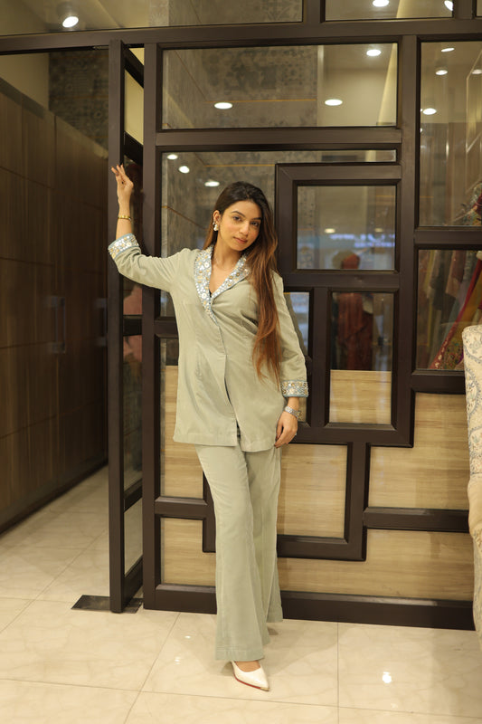 Pastel Green Co-Ord Set with Sequin Embellished Neckline