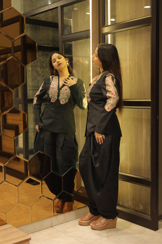 Black Indowestern Dress Set With Brocade Jacket And Dhoti Pants