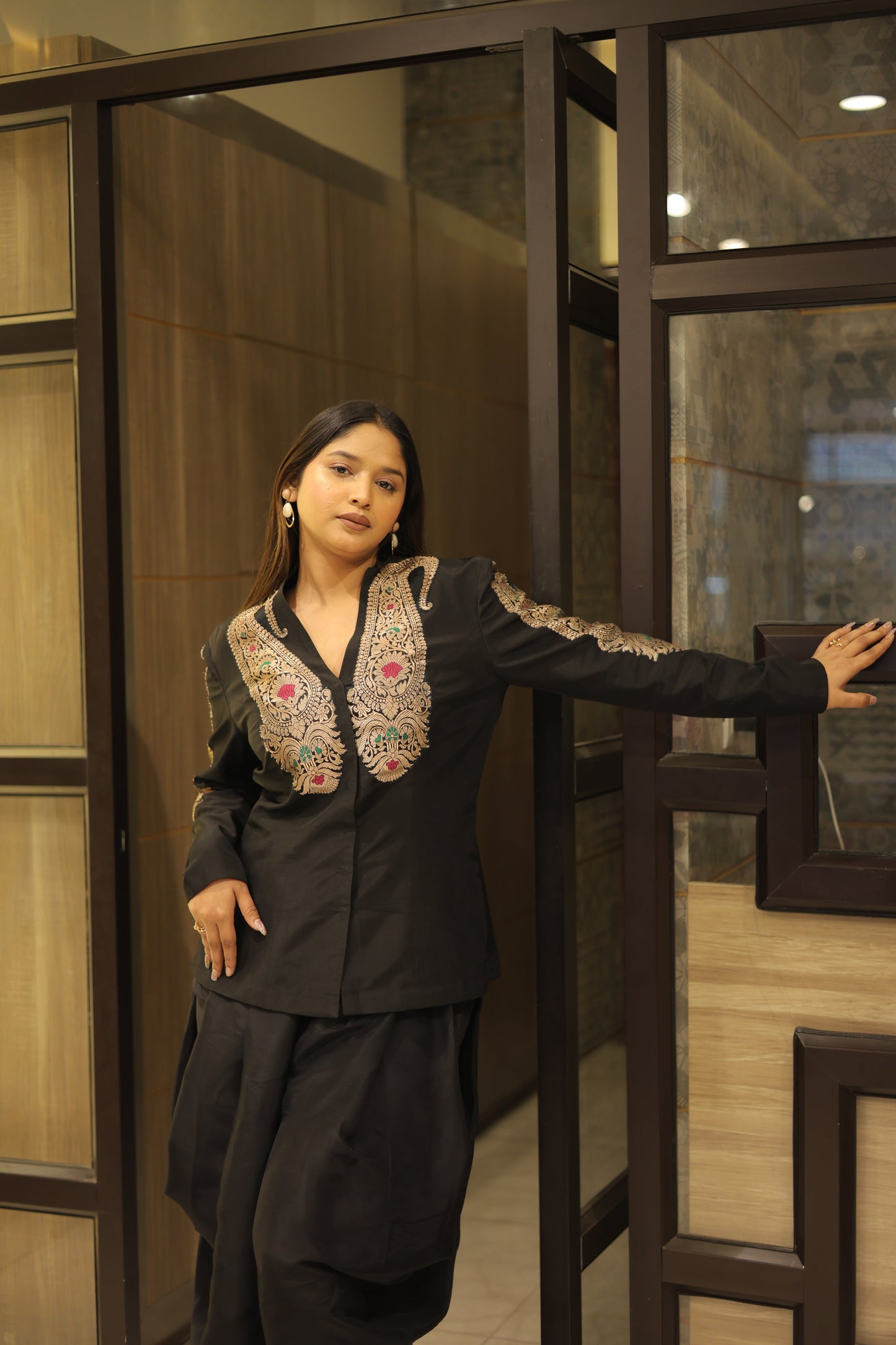 Black Indowestern Dress Set With Brocade Jacket And Dhoti Pants