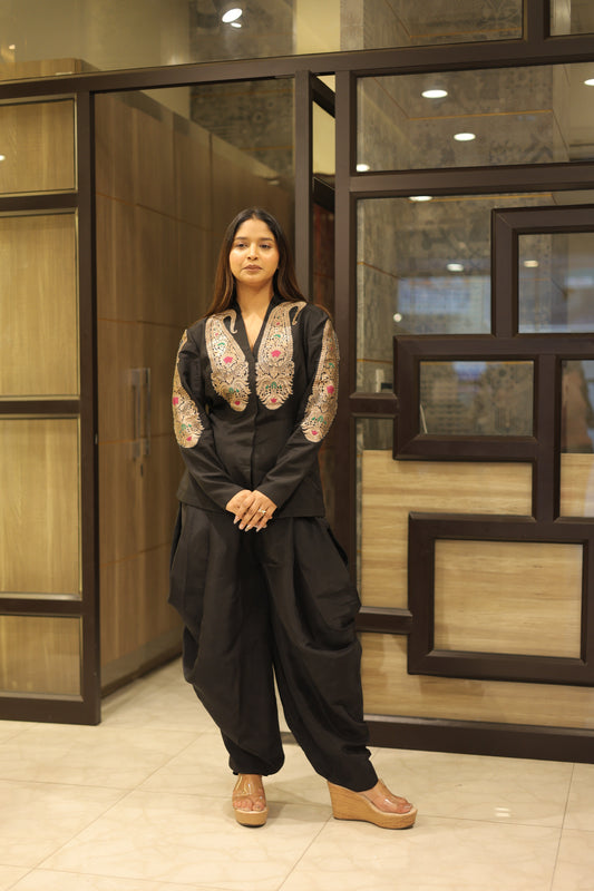 Black Indowestern Dress Set With Brocade Jacket And Dhoti Pants