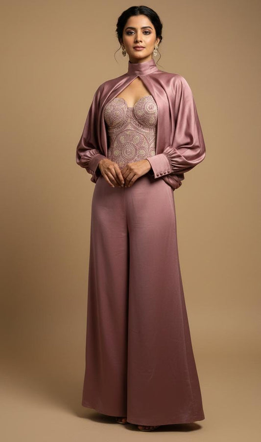 Luxury Mauve Co-Ord Set with Embroidered Top and Wide-Leg Pants