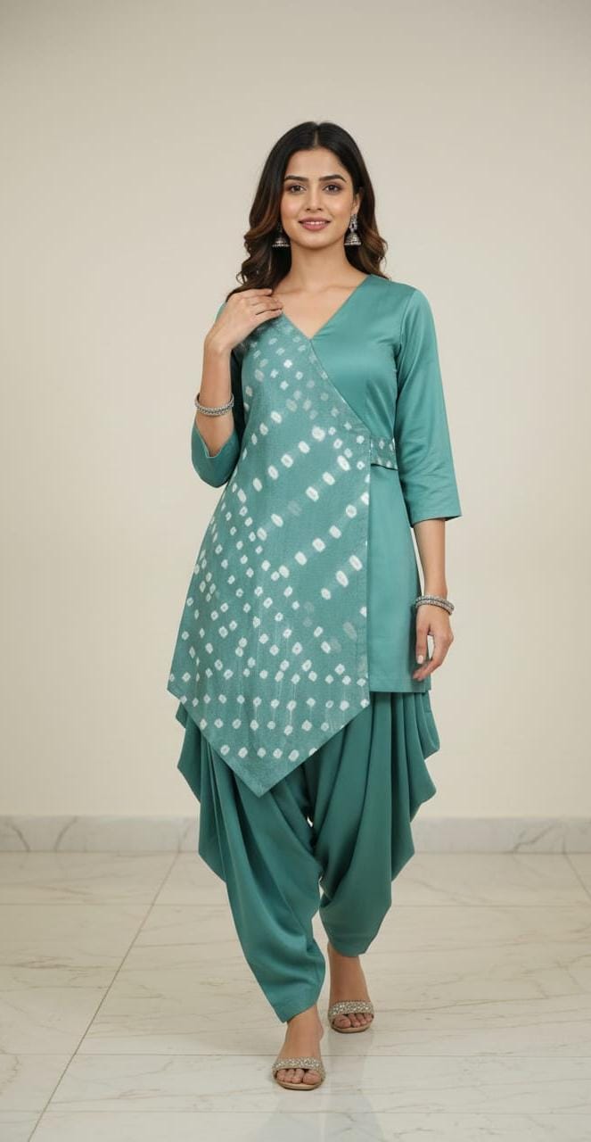 Sea Green Kurta Set with Printed Overlay and Dhoti Pants