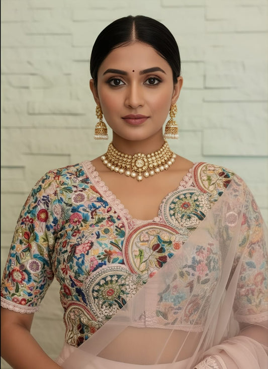 Designer Pink Lehenga Saree Featuring Lakhnavi Work on Georgette and Organza