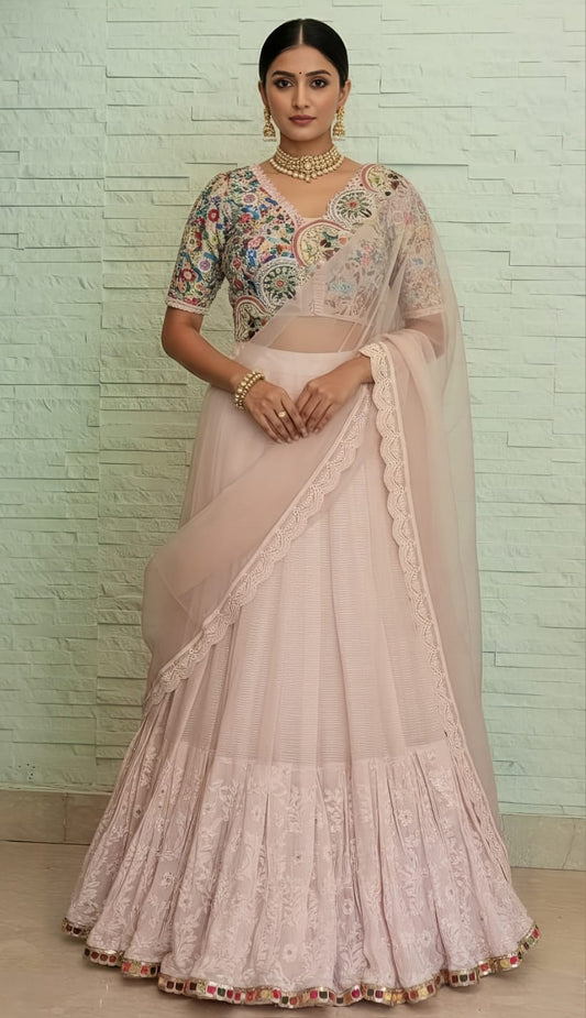 Designer Pink Lehenga Saree Featuring Lakhnavi Work on Georgette and Organza