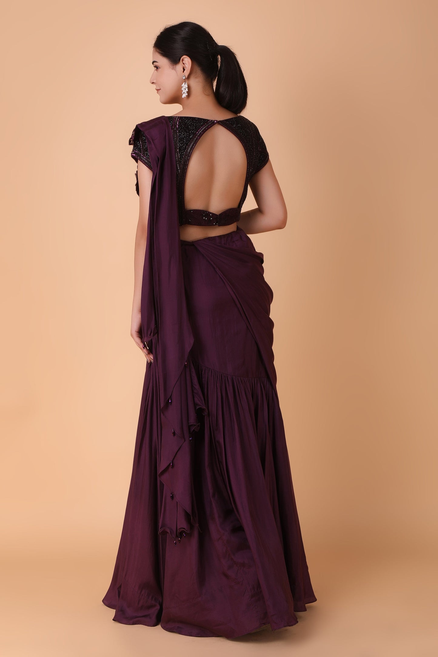Luxury Purple Draped Saree in Pure Silk with Heavy Embellishment and Handworked Blouse