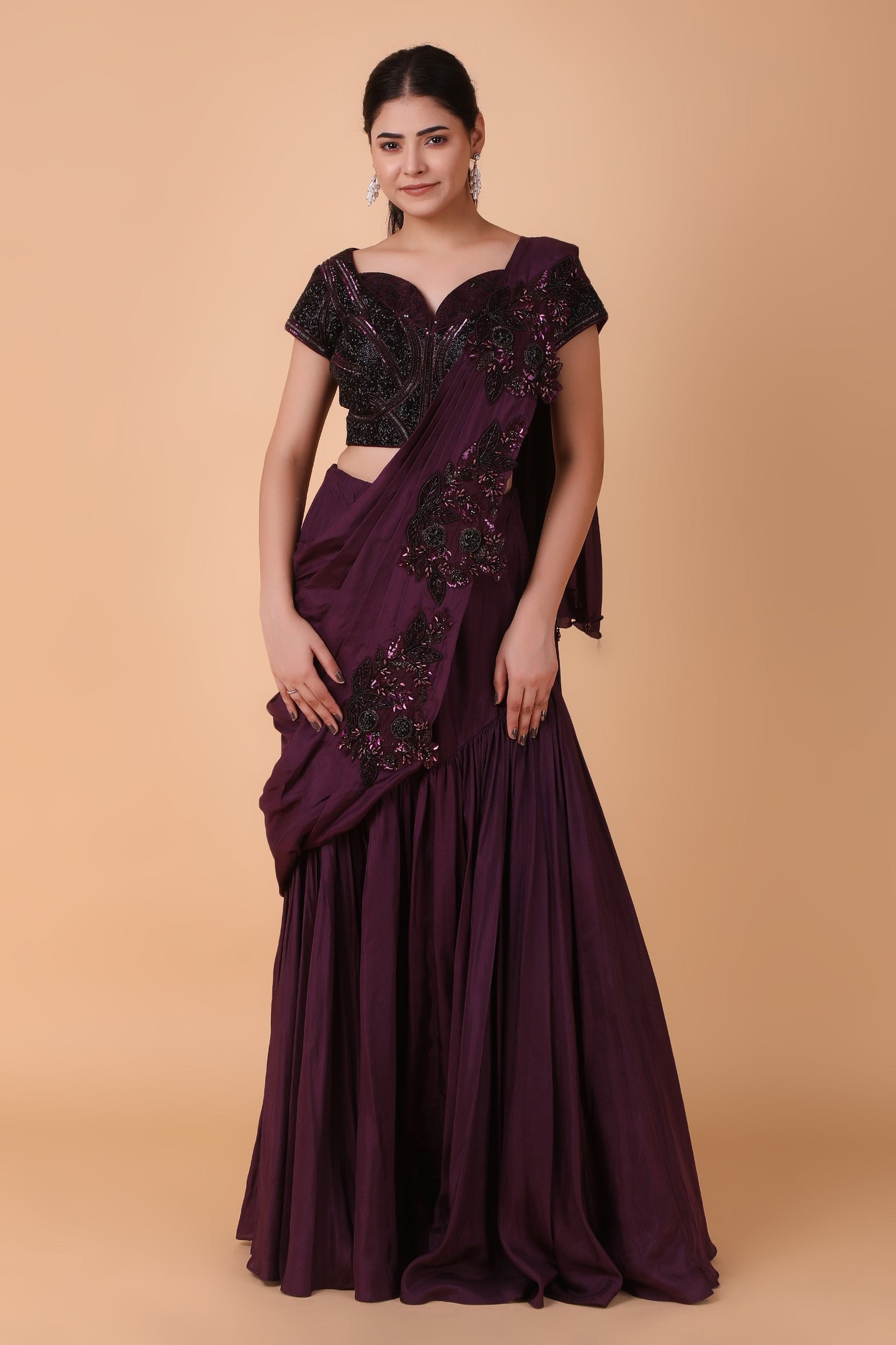 Luxury Purple Draped Saree in Pure Silk with Heavy Embellishment and Handworked Blouse