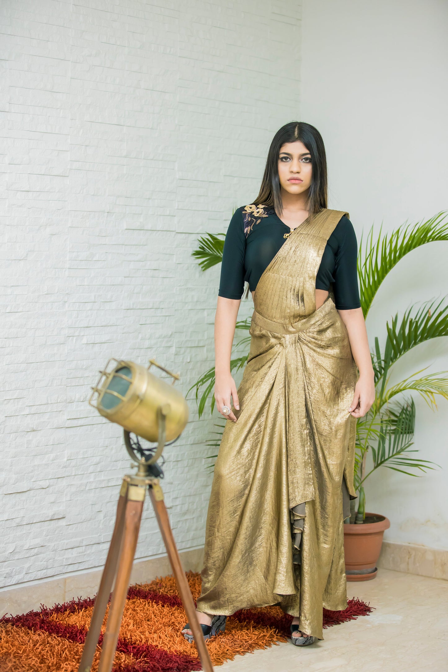 Premium Gold And Black Metallic Lycra Draped Saree for Evening Glam