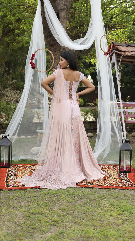 Onion Pink Designer Drape Saree With Sequins Crystal And Dori Work