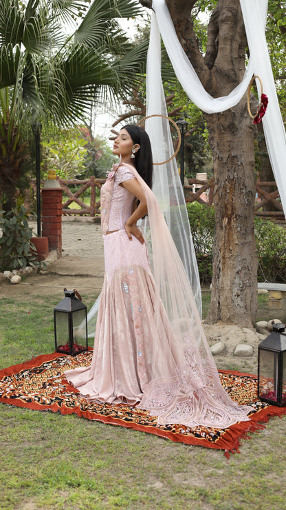 Onion Pink Designer Drape Saree With Sequins Crystal And Dori Work