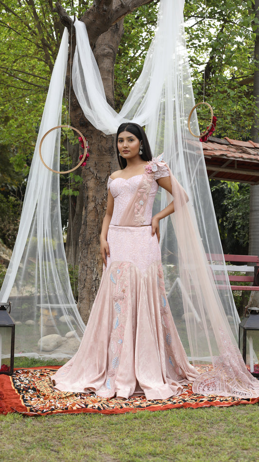 Onion Pink Designer Drape Saree With Sequins Crystal And Dori Work