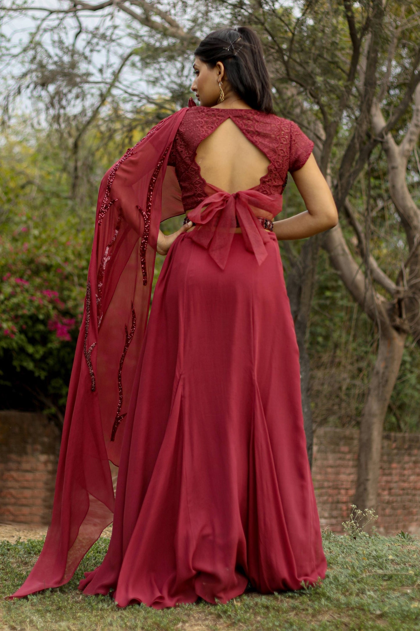 Deep Wine Cocktail Wear Drape Saree With Pearl And Cutdana Detailing