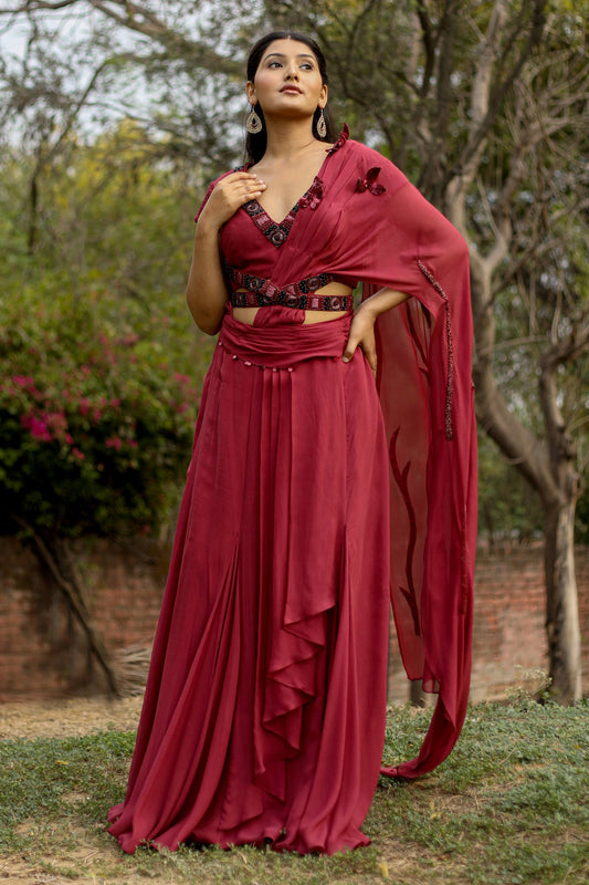 Deep Wine Cocktail Wear Drape Saree With Pearl And Cutdana Detailing