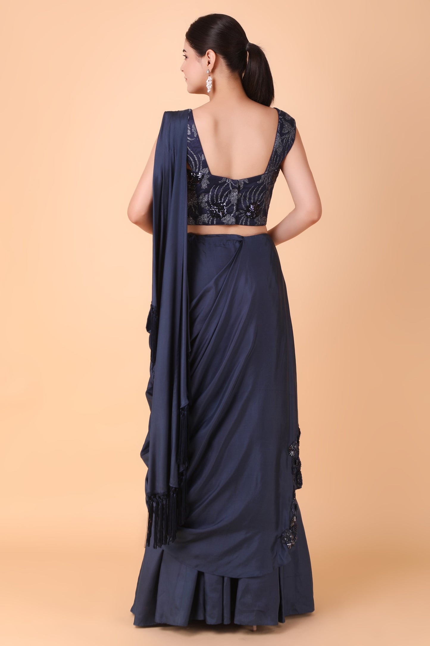 Luxury Blue Draped Saree in Zari Net with Crepe Silk Drape and Net Corset Blouse