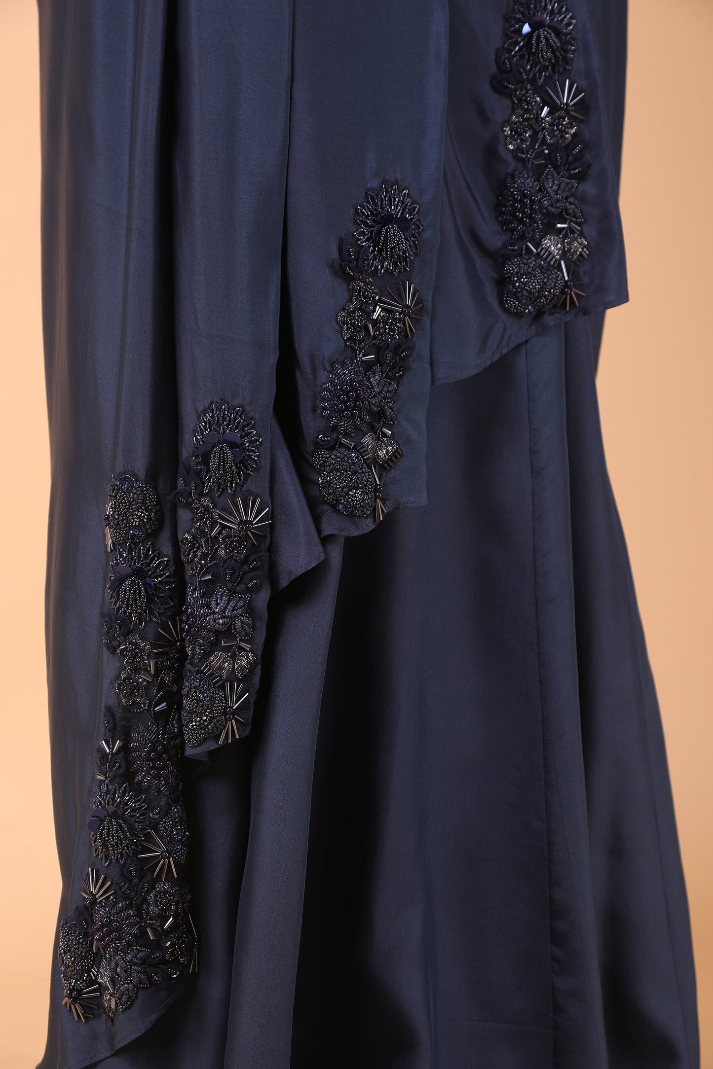 Luxury Blue Draped Saree in Zari Net with Crepe Silk Drape and Net Corset Blouse