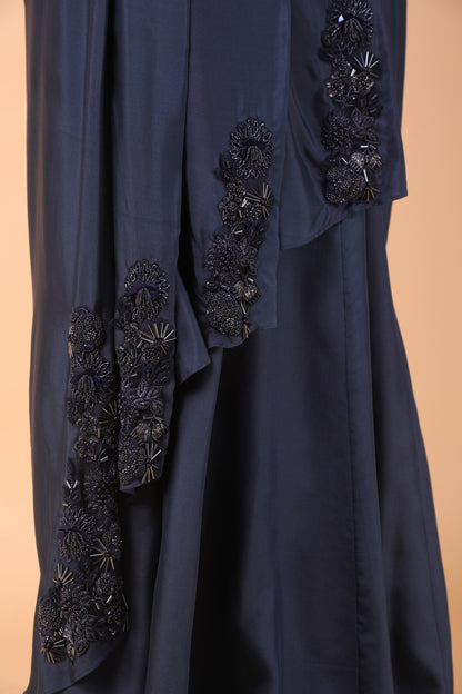 Luxury Blue Draped Saree in Zari Net with Crepe Silk Drape and Net Corset Blouse