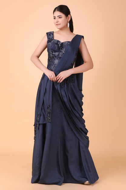 Luxury Blue Draped Saree in Zari Net with Crepe Silk Drape and Net Corset Blouse