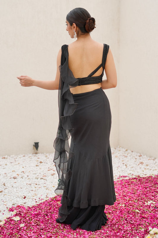 Luxury Black Crepe Chiffon Drape Saree With Dolla Silk Blouse And Green Cutwork Cutdana Pallu
