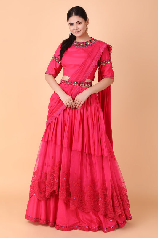 Magenta Handwork Drape Saree Set With High-Low Pallu and Belted Blouse