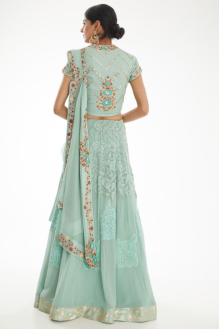 Party Wear Readymade Aqua Georgette Saree With Dabka Cutdana Knots And Sequins