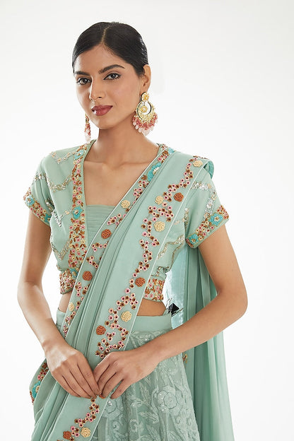Party Wear Readymade Aqua Georgette Saree With Dabka Cutdana Knots And Sequins