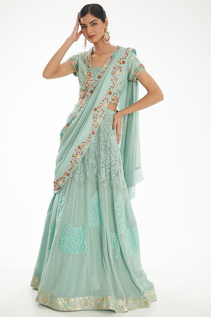 Party Wear Readymade Aqua Georgette Saree With Dabka Cutdana Knots And Sequins