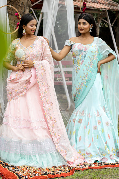 Elegant Aqua Corset Saree With Intricate Thread Cutdana Pearl And Sequins Work