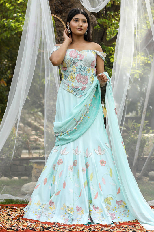 Elegant Aqua Corset Saree With Intricate Thread Cutdana Pearl And Sequins Work