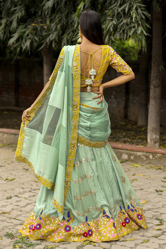 Designer Mustard And Mint Green Silk Organza Chiffon Lehenga Saree With Gota Zari And Pearl Work