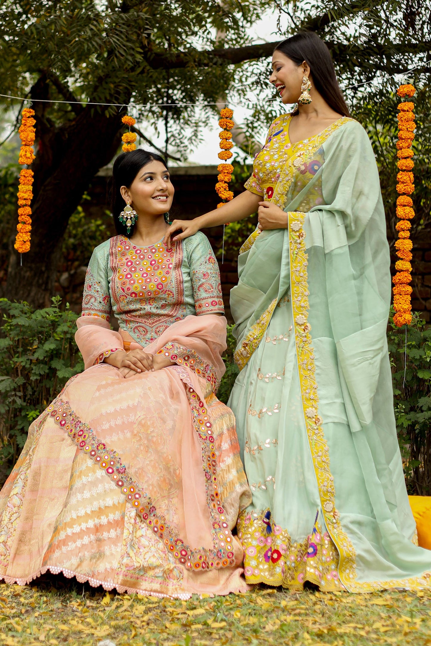 Designer Mustard And Mint Green Silk Organza Chiffon Lehenga Saree With Gota Zari And Pearl Work