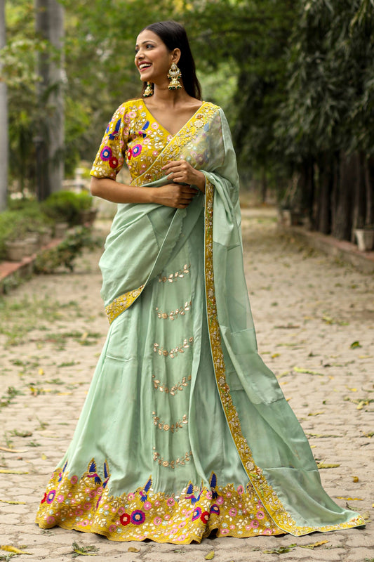 Designer Mustard And Mint Green Silk Organza Chiffon Lehenga Saree With Gota Zari And Pearl Work