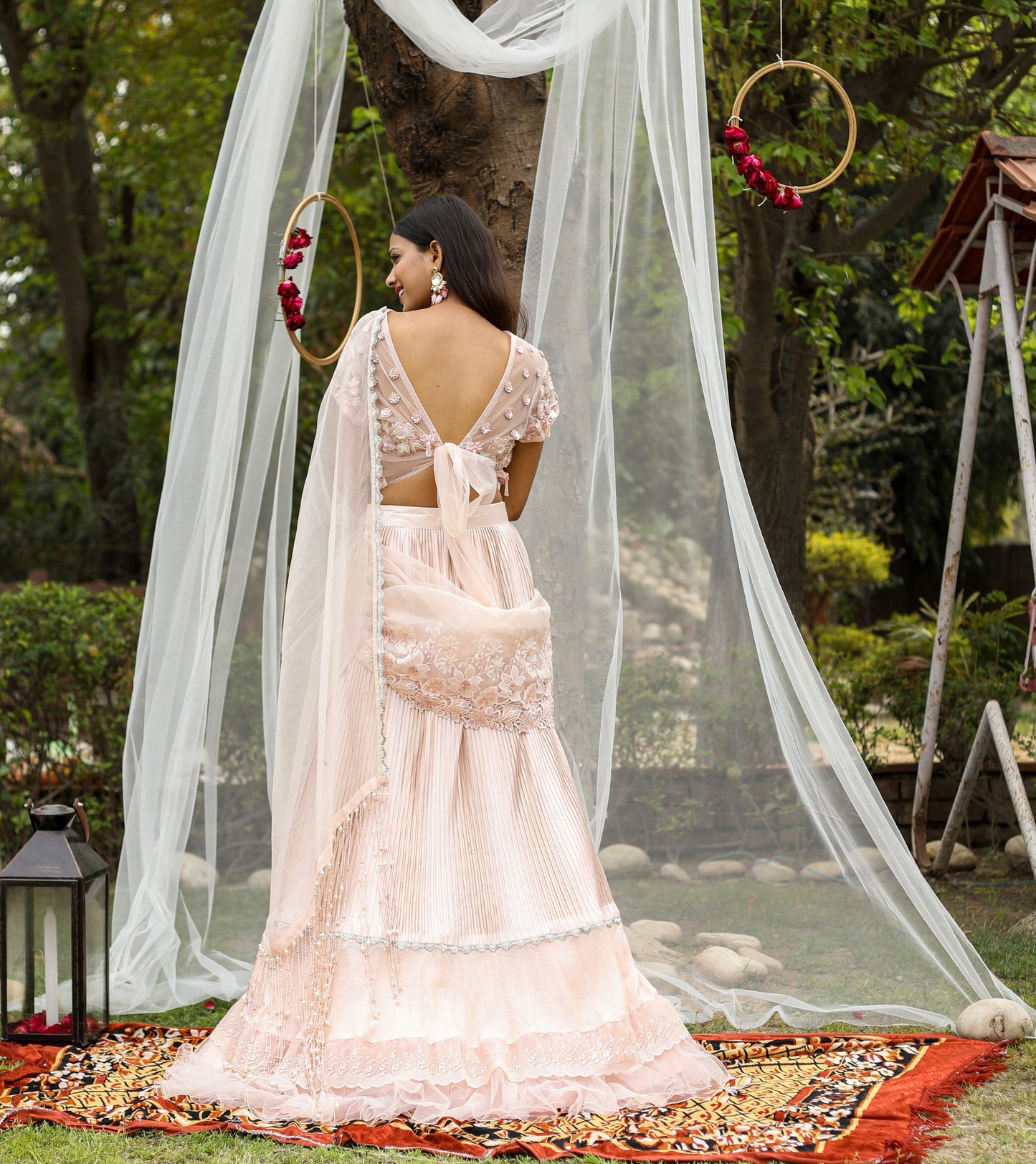 Peach Organza Wrinkle And Net Lehenga Saree With Pearl Crystal And Cutdana Embroidery