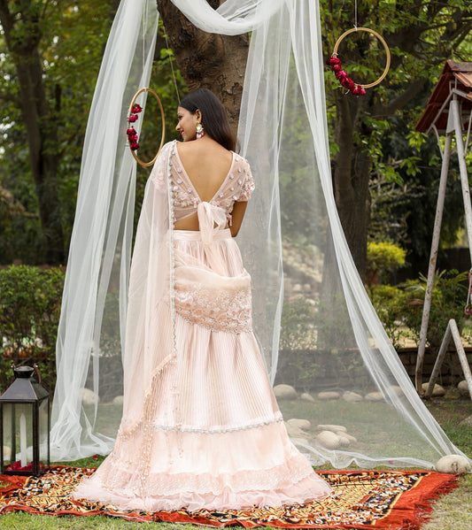 Peach Organza Wrinkle And Net Lehenga Saree With Pearl Crystal And Cutdana Embroidery